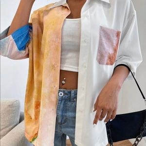 Oversized color block tie dye button front blouse